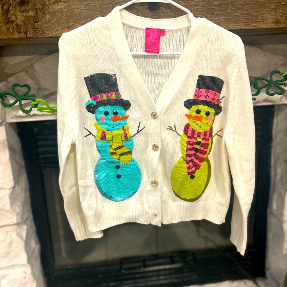 QUEEN OF SPARKLES Festive Snowman Cardigan in Cream